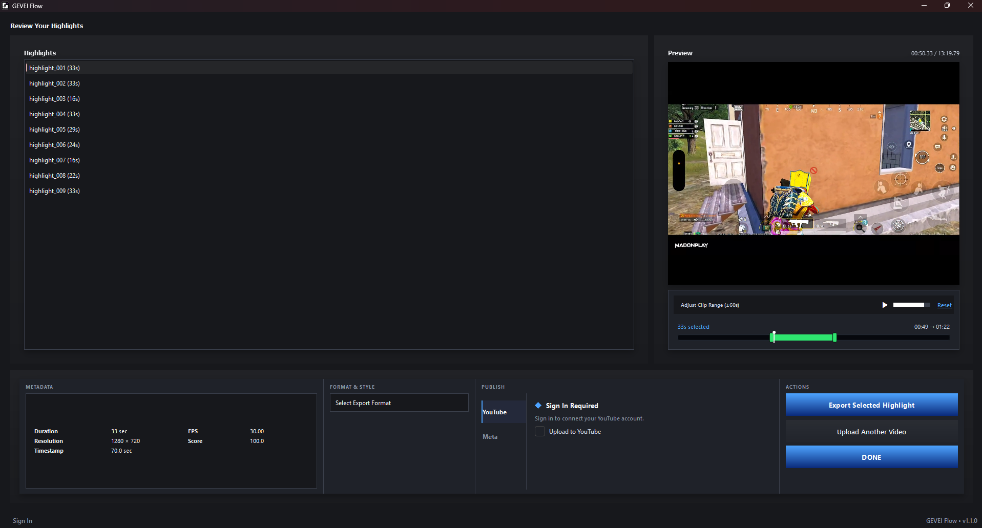 GEVEI FLOW AI highlight review screen showing detected highlights