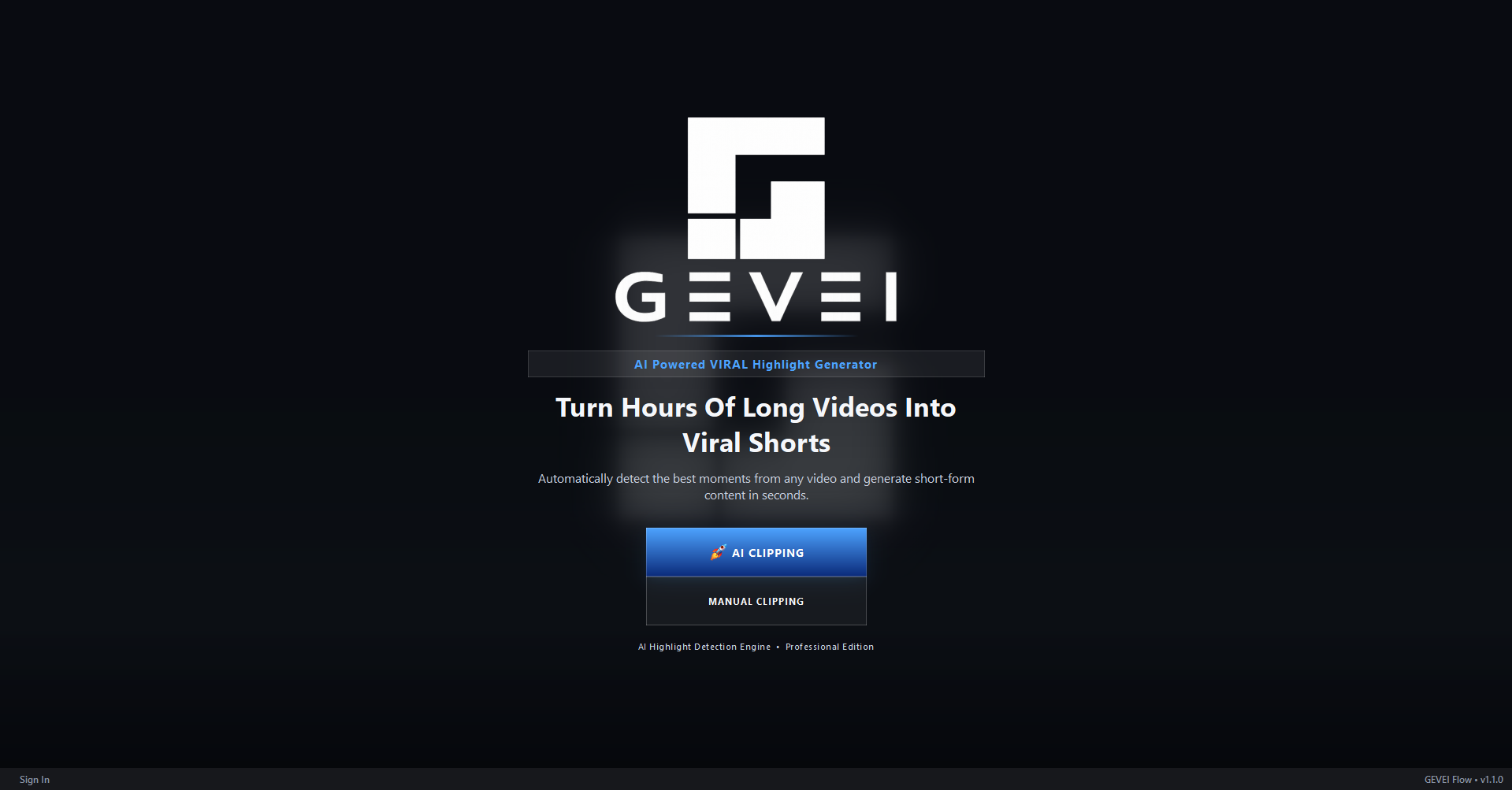 GEVEI FLOW start screen with AI Clipping and Manual Clipping options