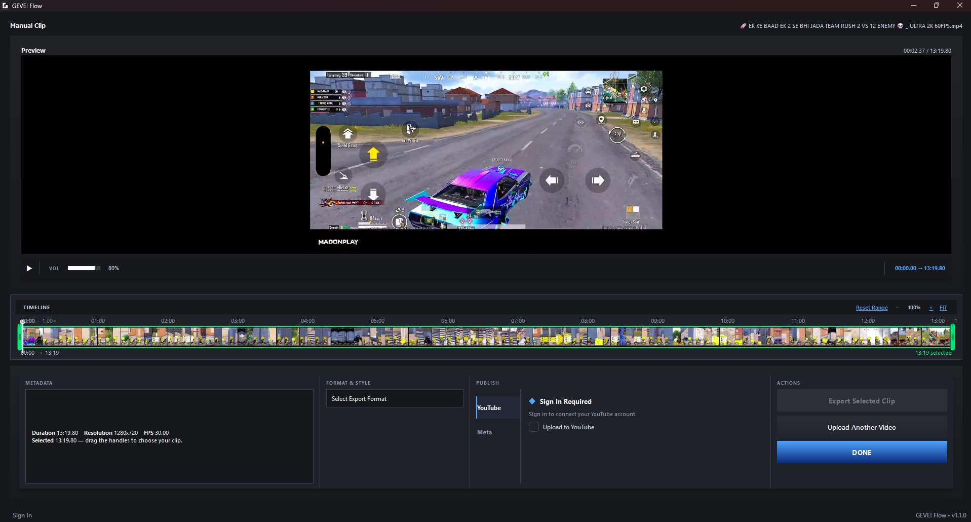 GEVEI FLOW manual clipping timeline with precise start and end controls