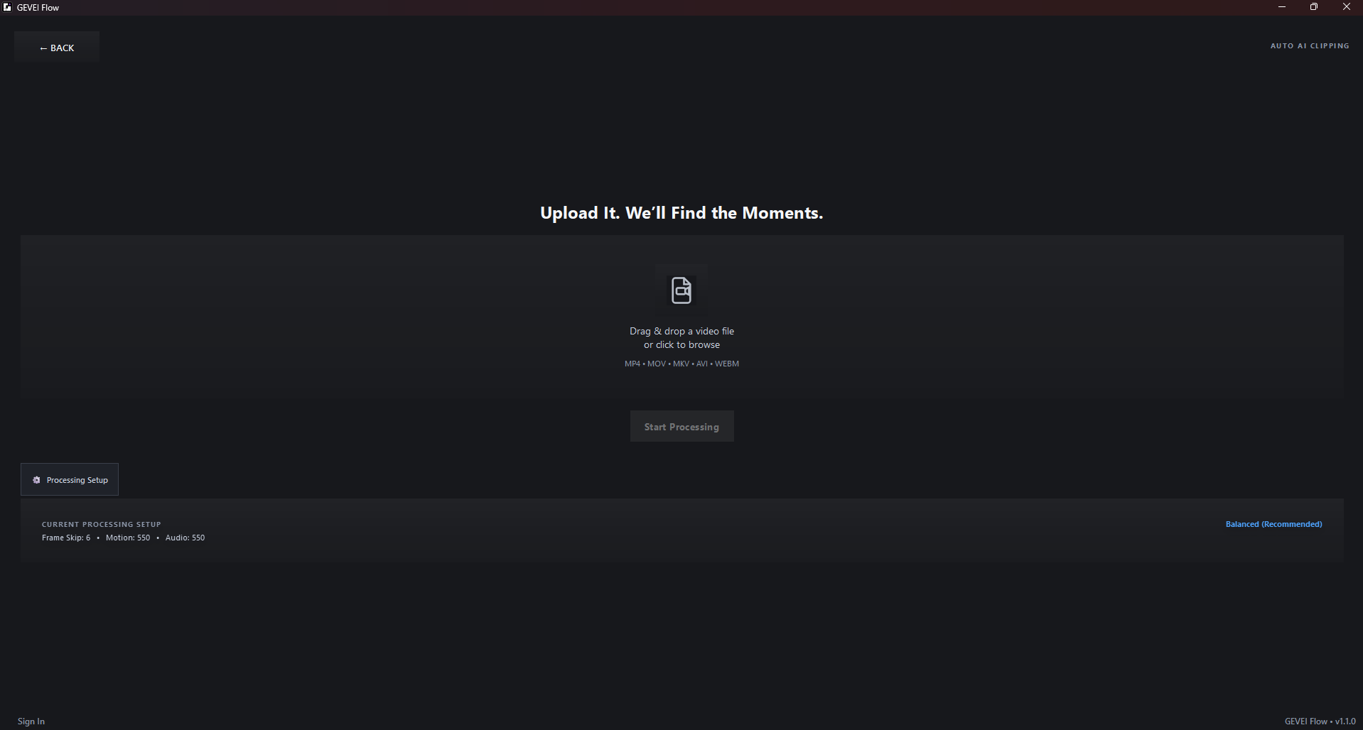GEVEI FLOW video upload screen