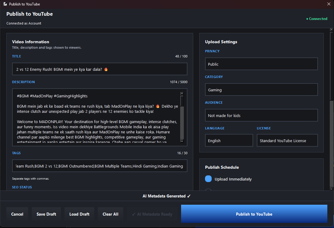 GEVEI FLOW YouTube publishing screen with generated title, description and tags